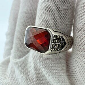 925 Sterling Silver Red Faceted Hexagonal Ring Size 9.75